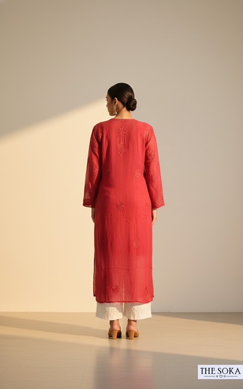 Red Chikankari Georgette Long Straight Kurti