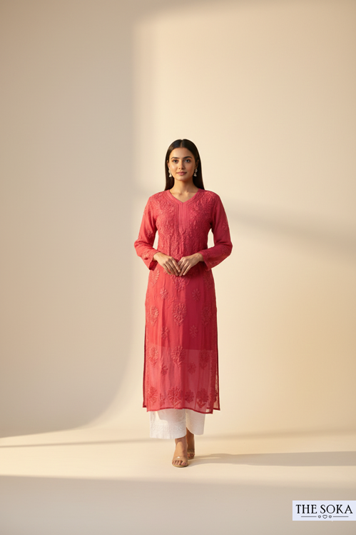 Red Chikankari Georgette Long Straight Kurti