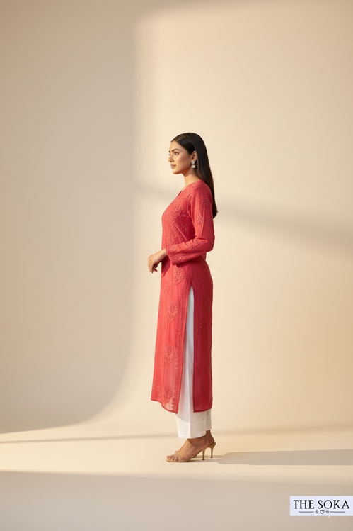Red Chikankari Georgette Long Straight Kurti