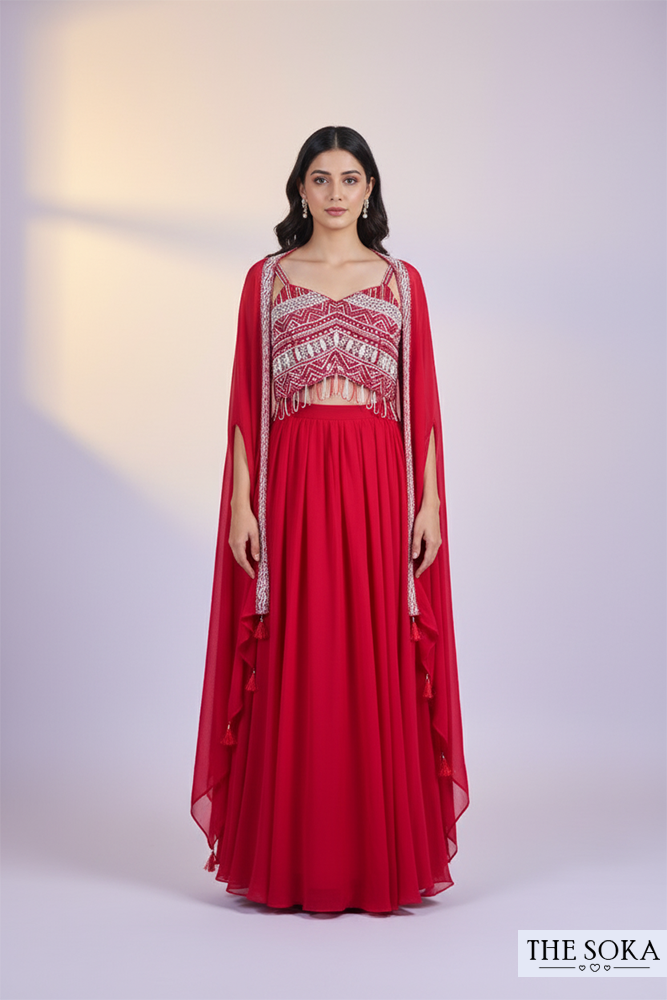 Red Embroidered Crop Top and Sharara Set with Cape