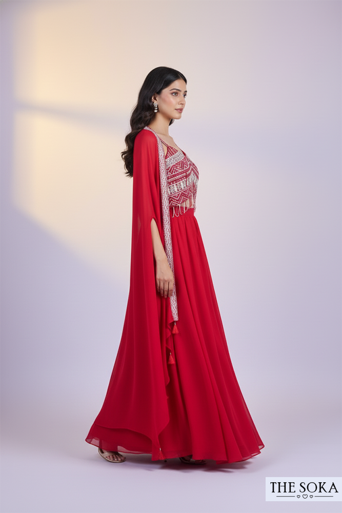 Red Embroidered Crop Top and Sharara Set with Cape