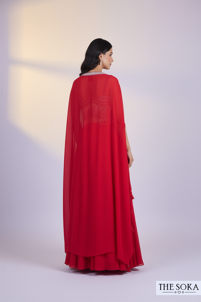 Red Embroidered Crop Top and Sharara Set with Cape