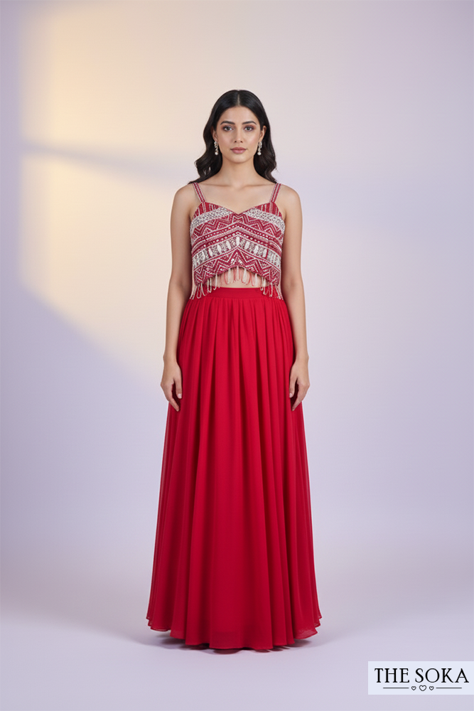Red Embroidered Crop Top and Sharara Set with Cape