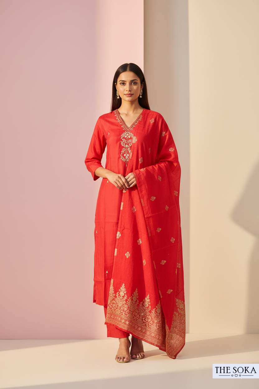 Red Embroidered Handwork Kurta Set with Dupatta