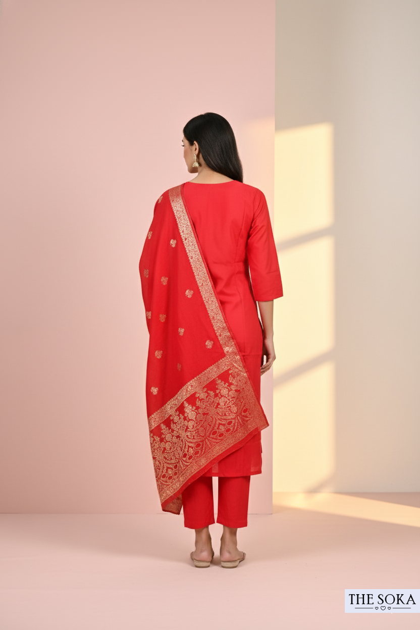 Red Embroidered Handwork Kurta Set with Dupatta