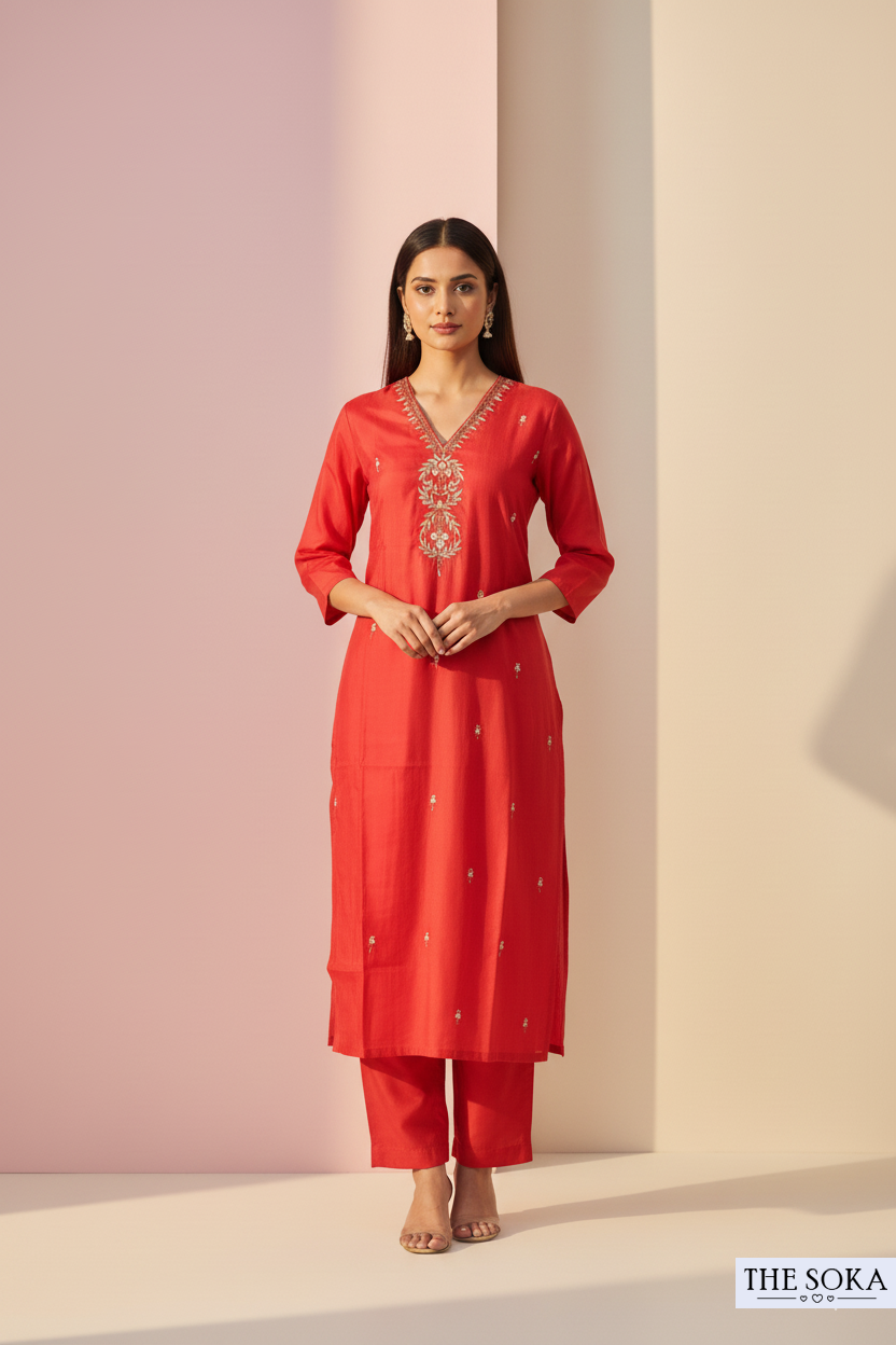 Red Embroidered Handwork Kurta Set with Dupatta