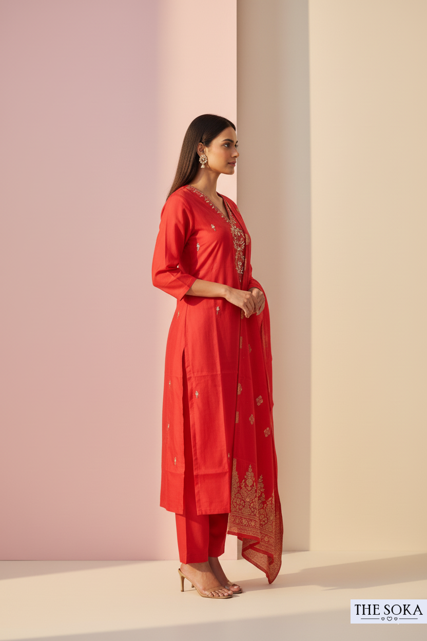 Red Embroidered Handwork Kurta Set with Dupatta