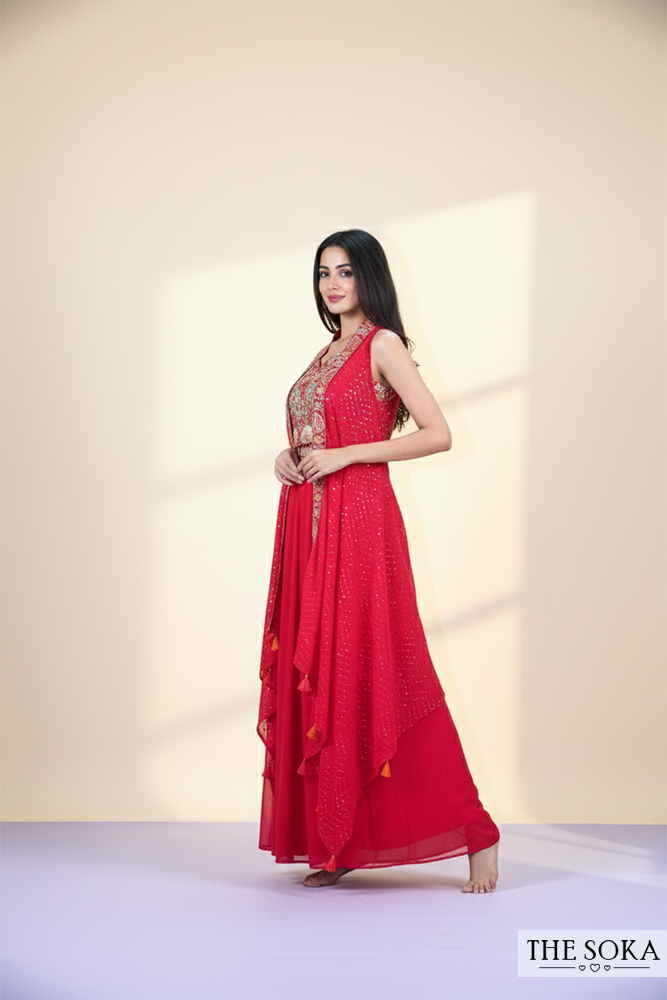 Red Embroidered Lehenga Choli Set with Shrug