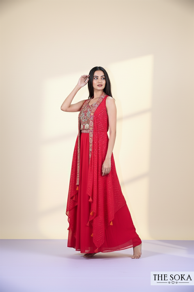 Red Embroidered Lehenga Choli Set with Shrug