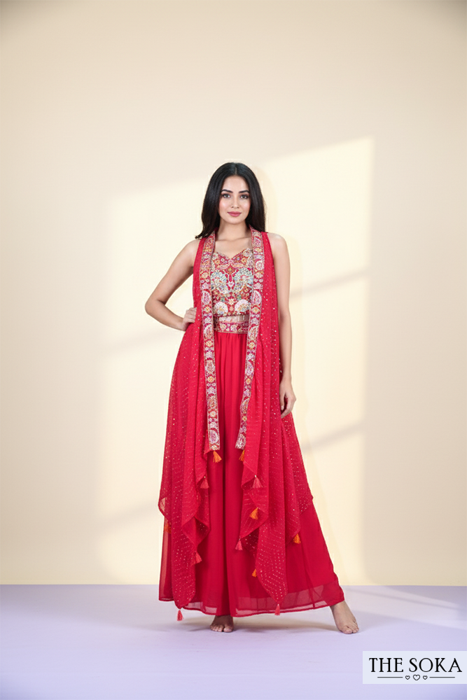 Red Embroidered Lehenga Choli Set with Shrug