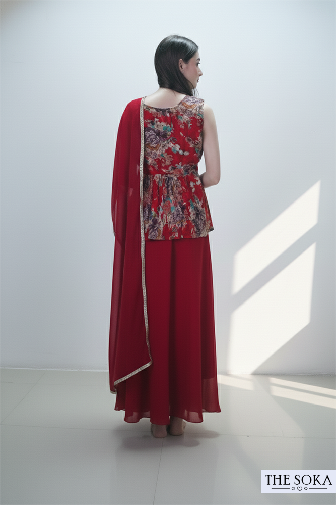 Red Floral Peplum Top with Palazzo and Dupatta Set