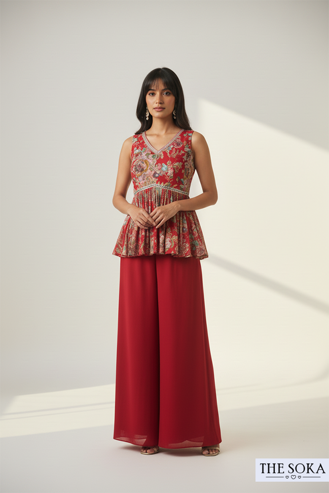 Red Floral Peplum Top with Palazzo and Dupatta Set