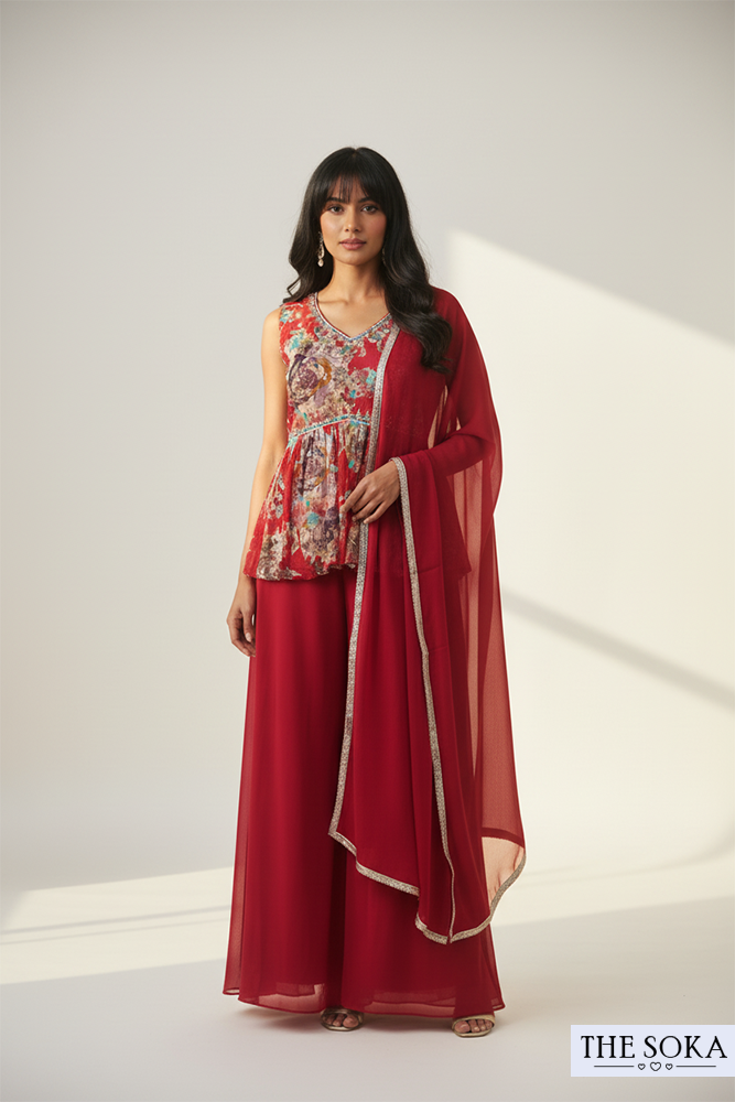Red Floral Peplum Top with Palazzo and Dupatta Set