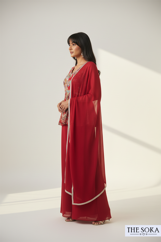 Red Floral Peplum Top with Palazzo and Dupatta Set