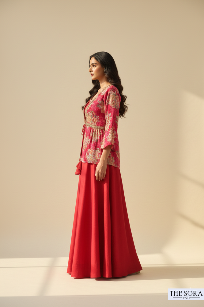 Red Floral Printed Peplum Jacket with Crop Top and Flared Palazzo Set