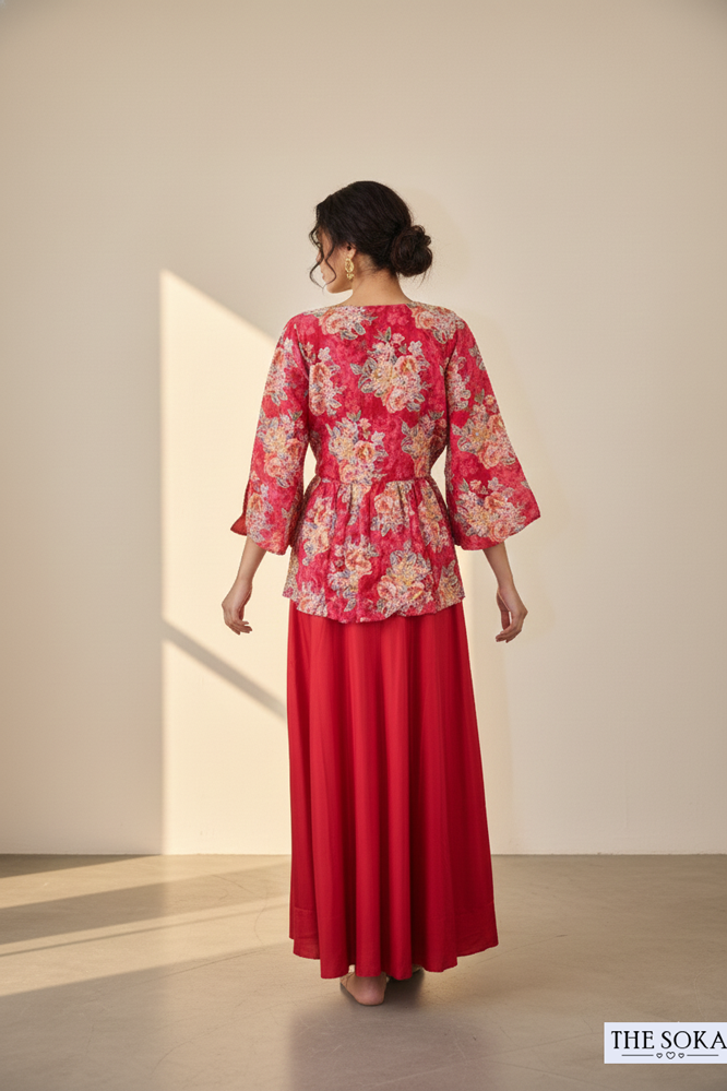 Red Floral Printed Peplum Jacket with Crop Top and Flared Palazzo Set