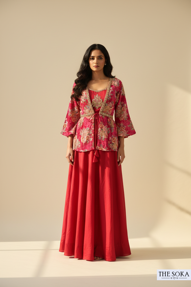 Red Floral Printed Peplum Jacket with Crop Top and Flared Palazzo Set