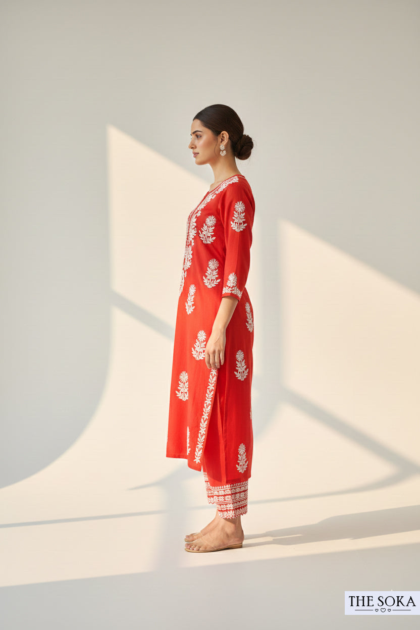 Red Mirage Kurta Set Women Chikankari Kurta Set With Pant