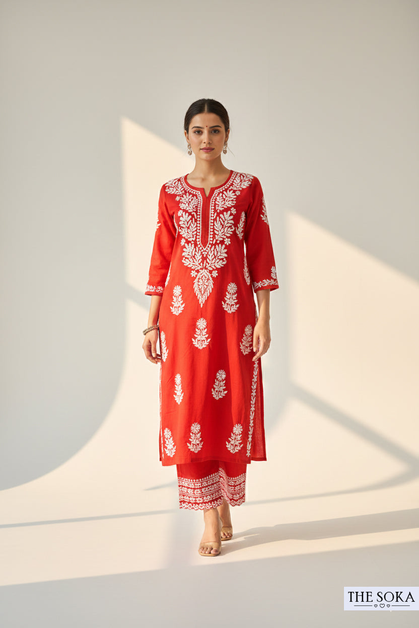 Red Mirage Kurta Set Women Chikankari Kurta Set With Pant