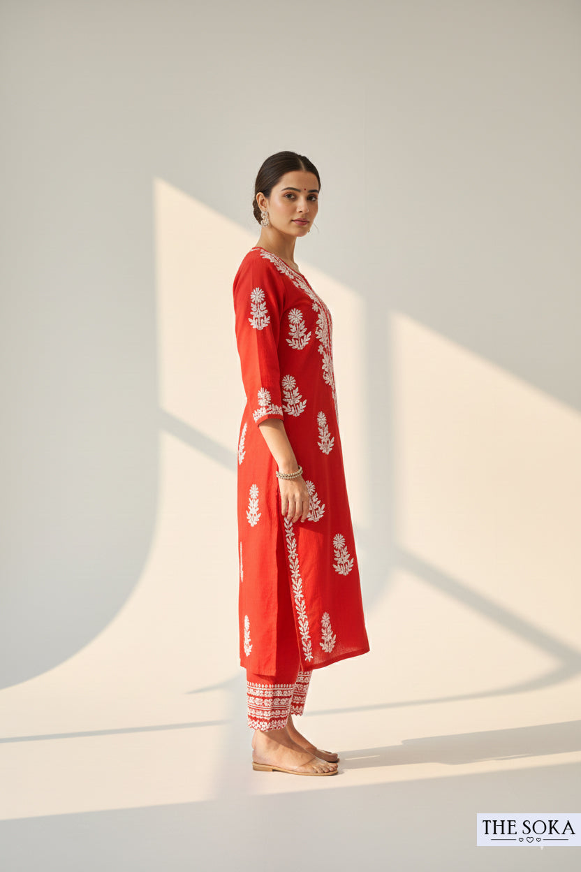 Red Mirage Kurta Set Women Chikankari Kurta Set With Pant