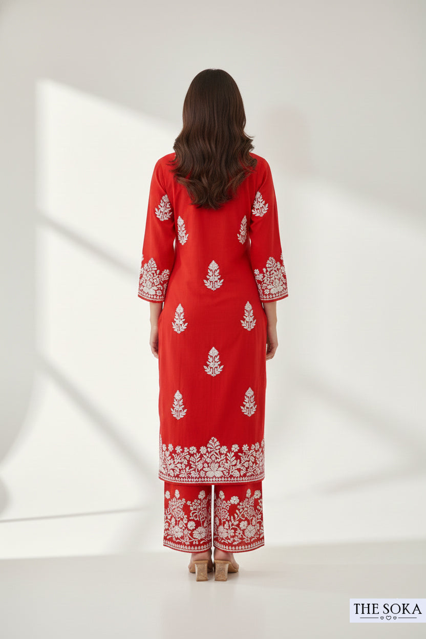 Red Mirage Kurta Set Women Chikankari Kurta Set With Pant