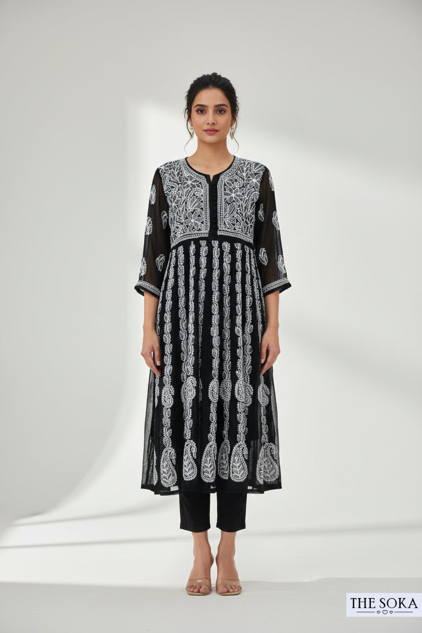 Royal Black Lucknowi Chikankari Georgette Ready-to-Wear Anarkali Top