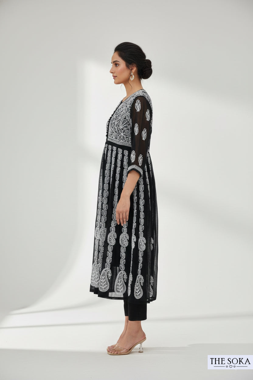 Royal Black Lucknowi Chikankari Georgette Ready-to-Wear Anarkali Top