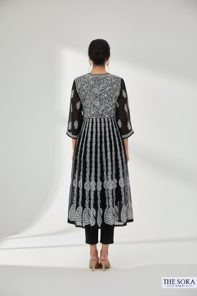Royal Black Lucknowi Chikankari Georgette Ready-to-Wear Anarkali 