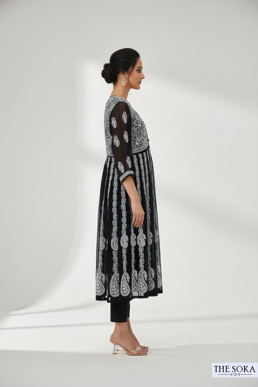 Royal Black Lucknowi Chikankari Georgette Ready-to-Wear Anarkali 