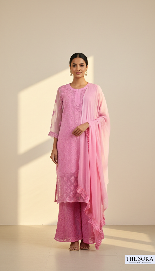 Royal Pink Women Chikankari Kurta Set in Light Pink