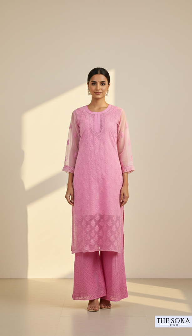 Royal Pink Women Chikankari Kurta Set in Light Pink