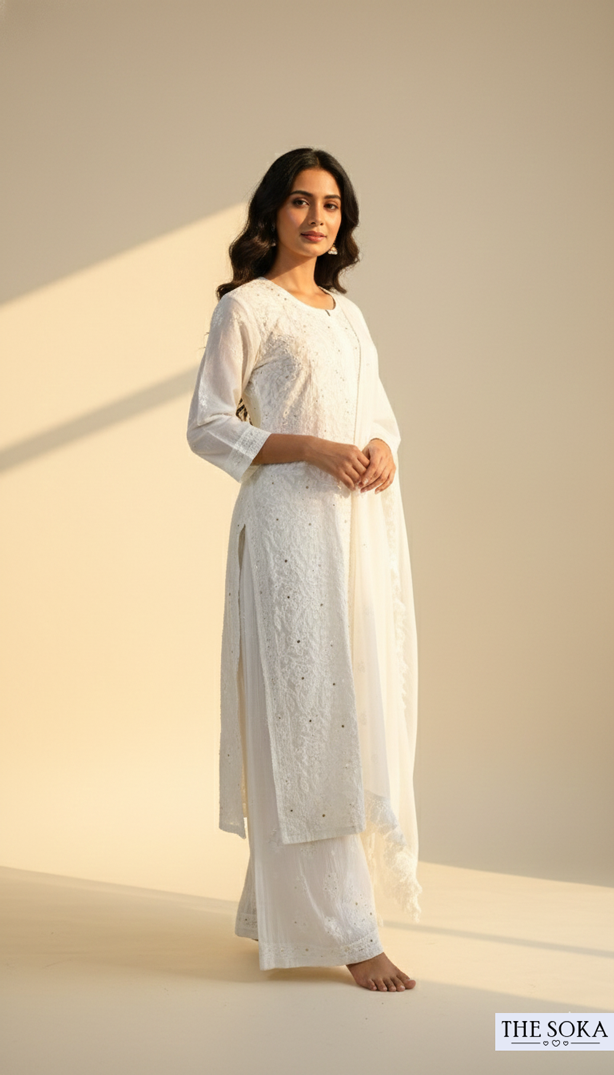 Royal White Women Chikankari Kurta Set With Pant and Dupatta