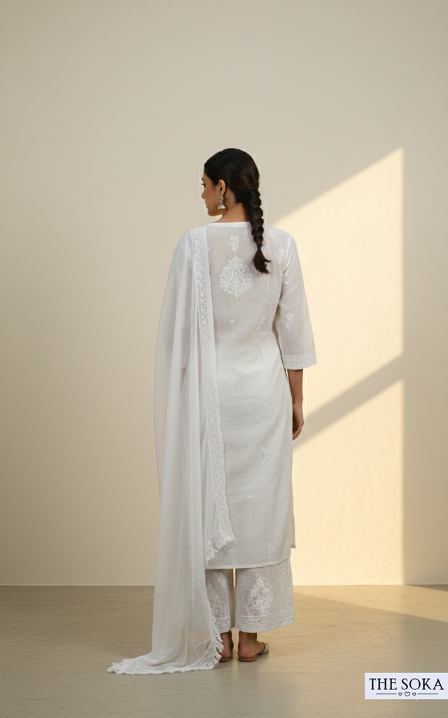 Royal White Women Chikankari Kurta Set With Pant and Dupatta