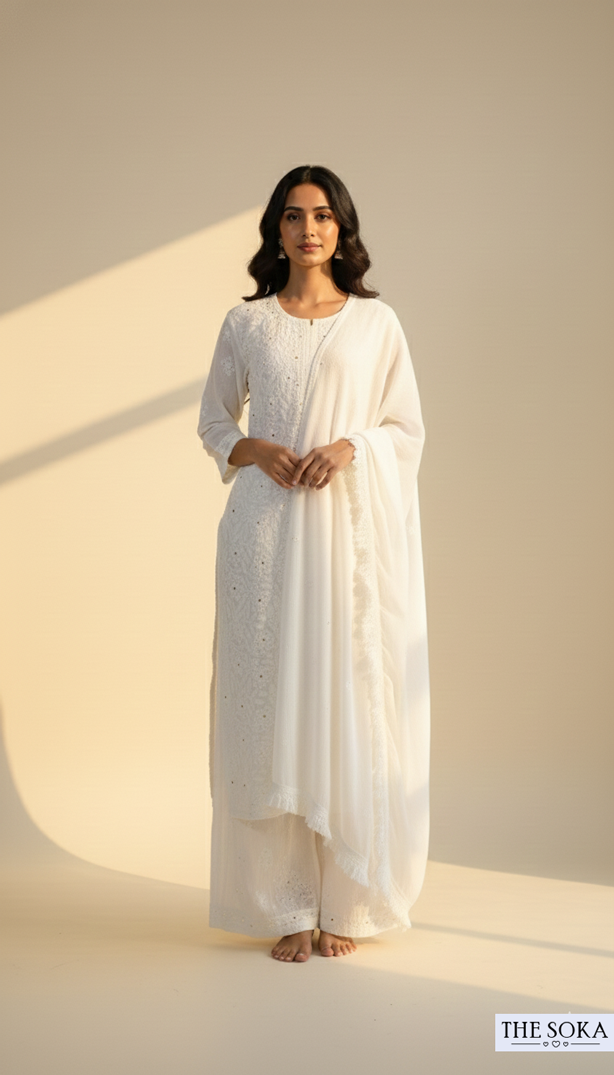 Royal White Women Chikankari Kurta Set With Pant and Dupatta