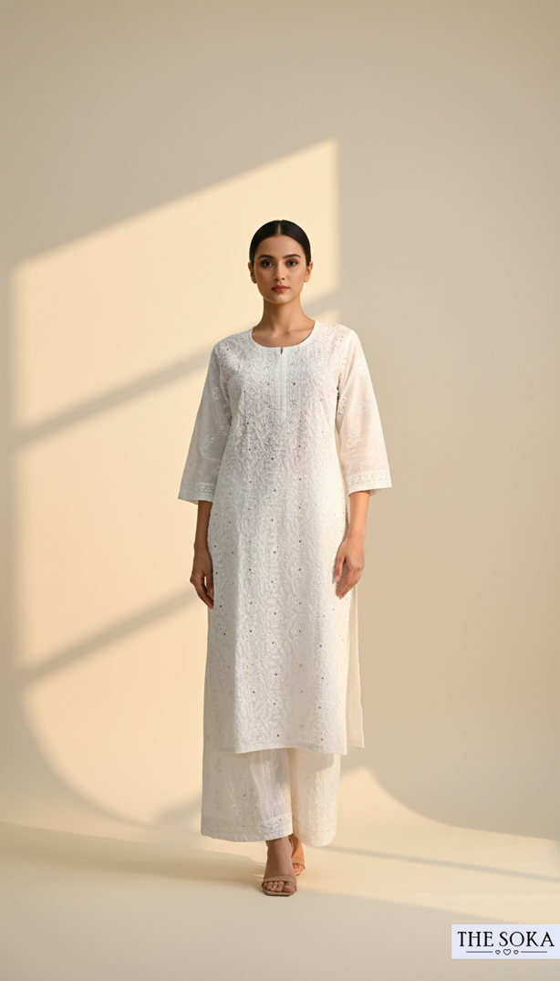 Royal White Women Chikankari Kurta Set With Pant and Dupatta