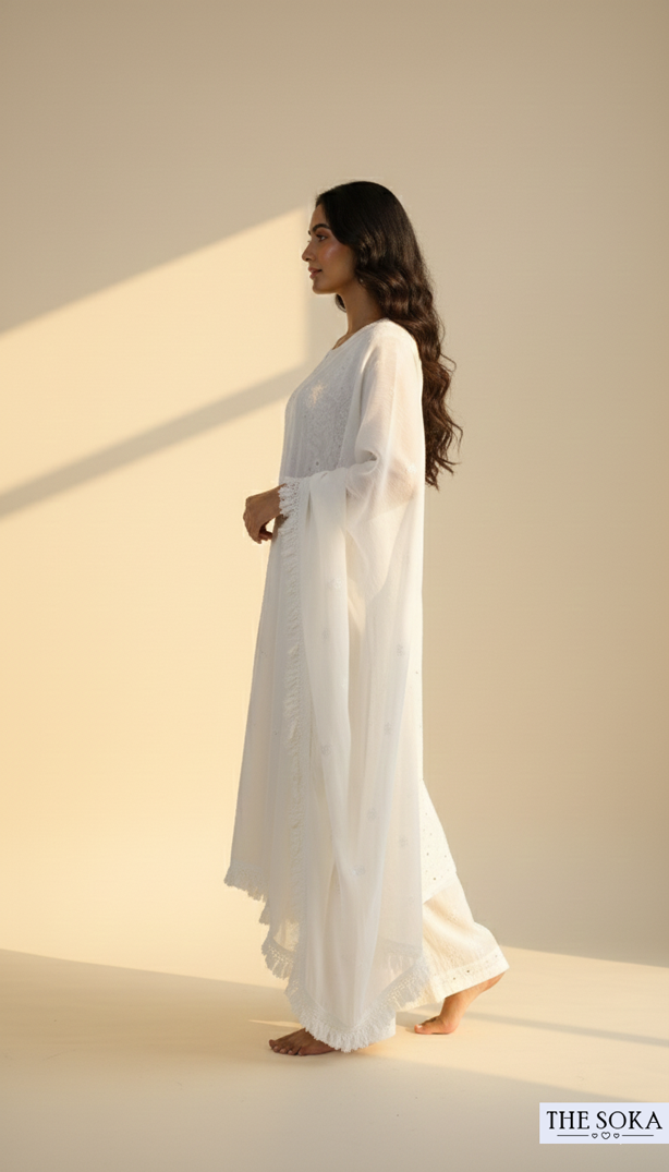 Royal White Women Chikankari Kurta Set With Pant and Dupatta