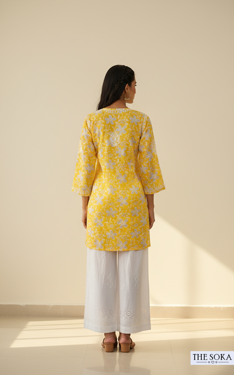 Royal Yellow Mulmul Chikankari  Shot Kurti
