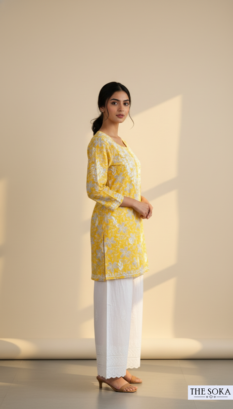 Royal Yellow Mulmul Chikankari  Shot Kurti