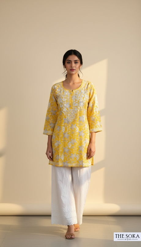 Royal Yellow Mulmul Chikankari  Shot Kurti