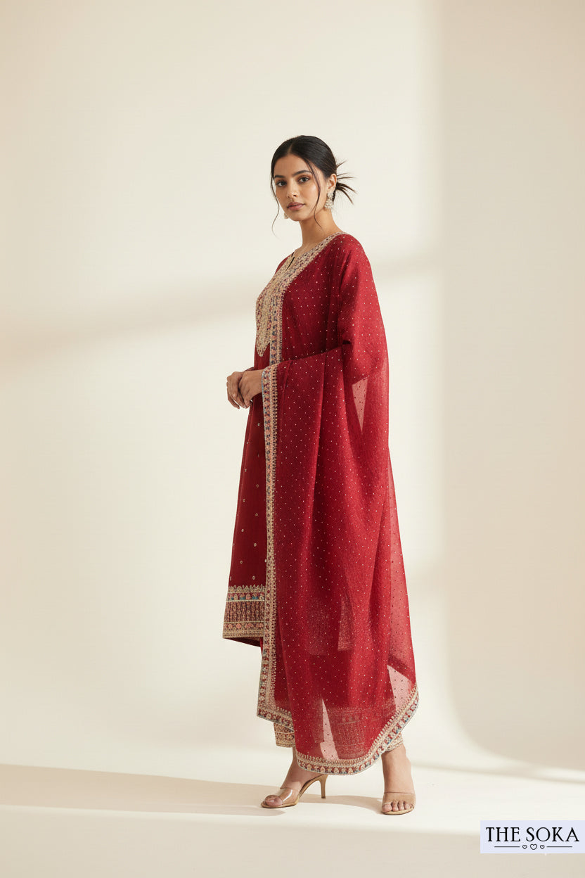 Premium Silk Brown Embroidered Peplum Kurta Set with  Pants and Dupatta