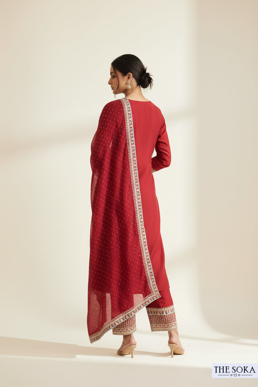 Premium Silk Brown Embroidered Peplum Kurta Set with  Pants and Dupatta