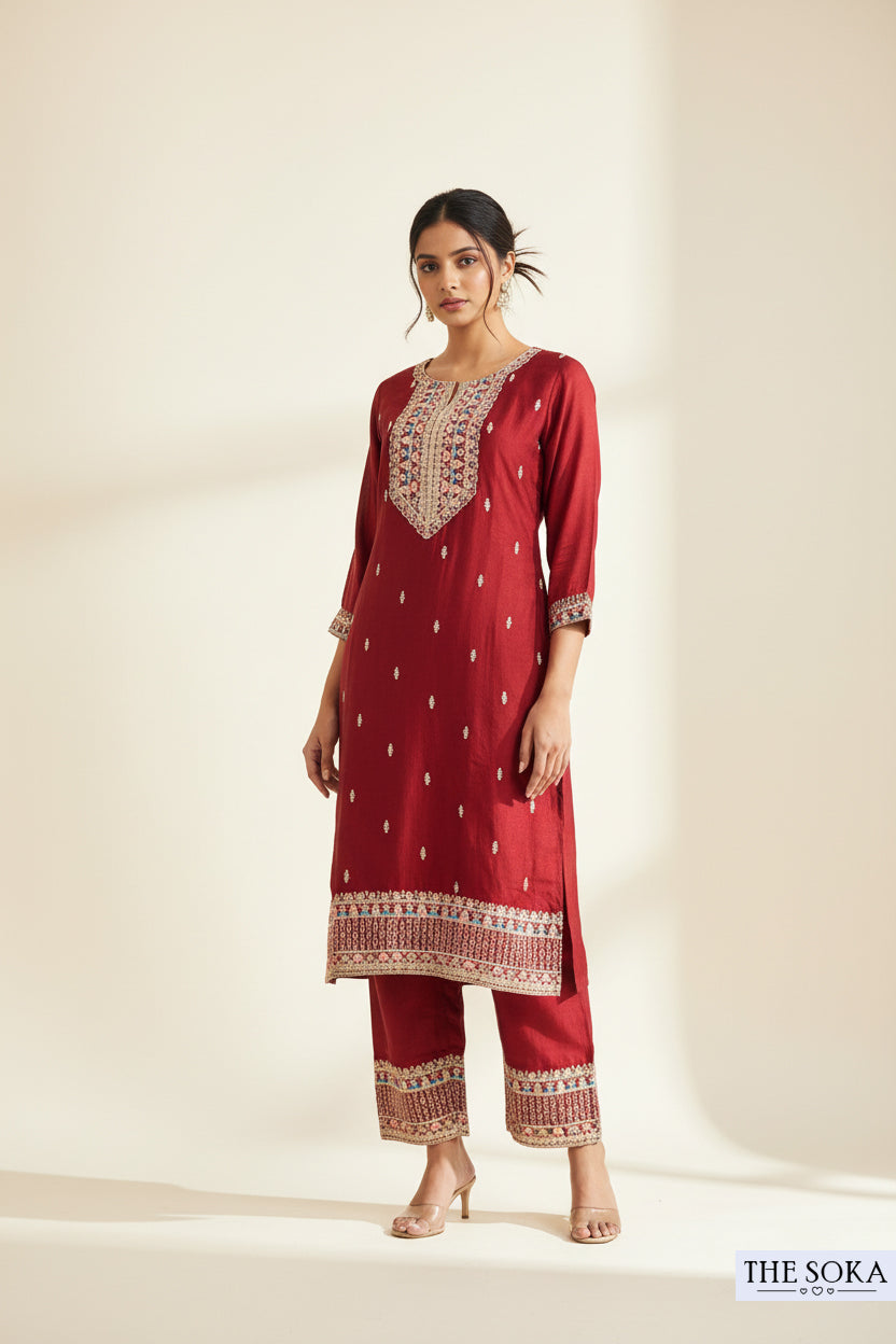 Premium Silk Brown Embroidered Peplum Kurta Set with  Pants and Dupatta