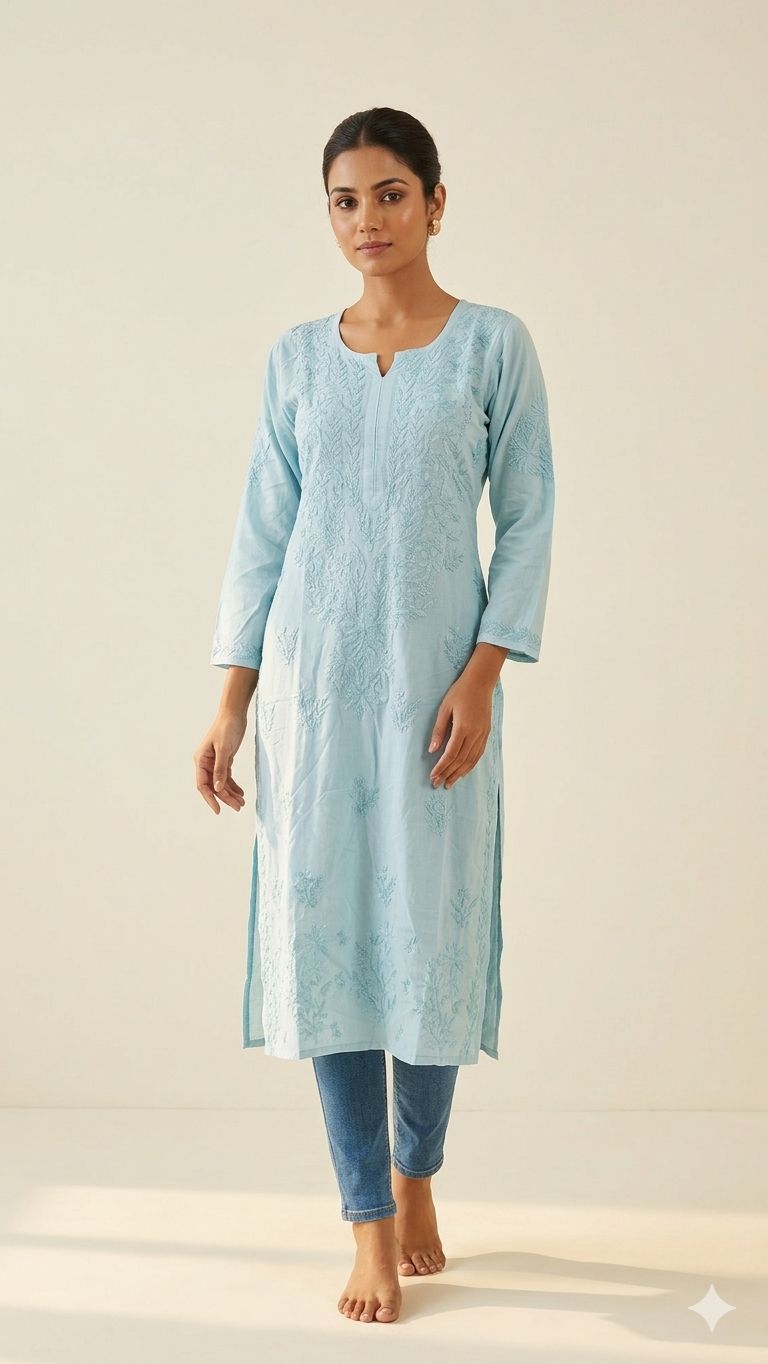 Sky Blue Rayon Chikankari Long Kurti for Women