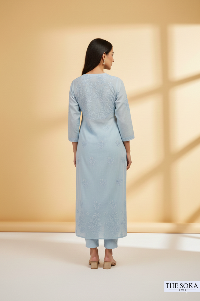 Sky Mist Blue Pure Chikankari Premium Reyon Long Kurti Embroidered Handwork