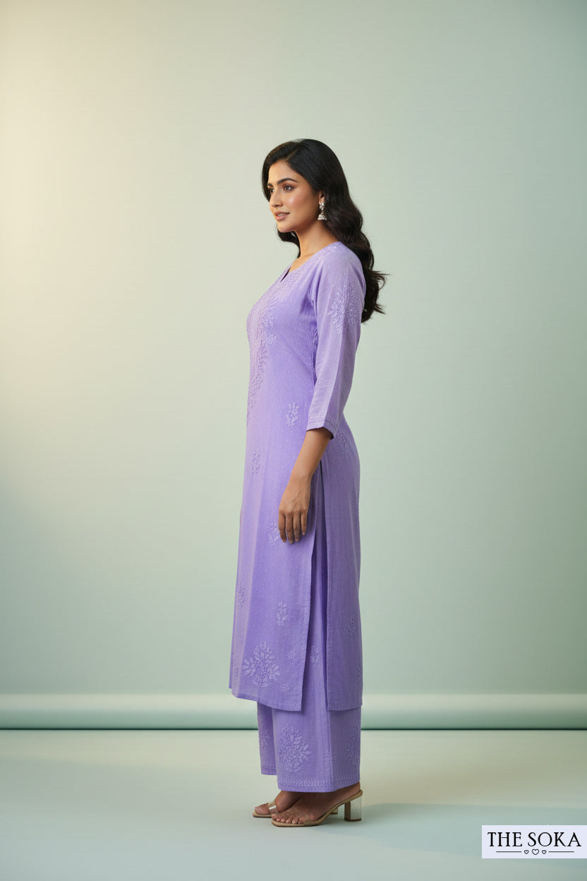 Soft Light Purple Pure Chikankari Premium Dobby Cotton Embroidered Handwork 