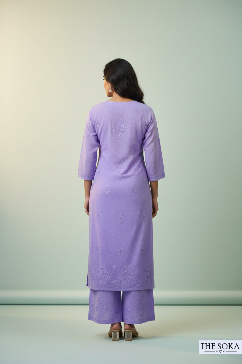 Soft Light Purple Pure Chikankari Premium Dobby Cotton Embroidered Handwork 