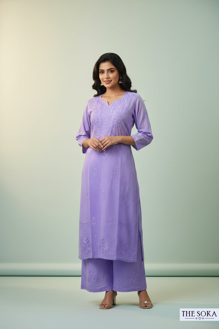 Soft Light Purple Pure Chikankari Premium Dobby Cotton Embroidered Handwork 