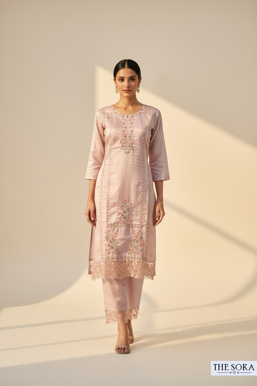 Soft Mauve Pink Ethereal Bloom Embroidered Kurta Set