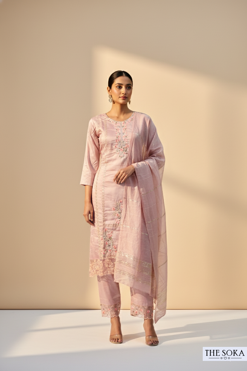 Soft Mauve Pink Ethereal Bloom Embroidered Kurta Set