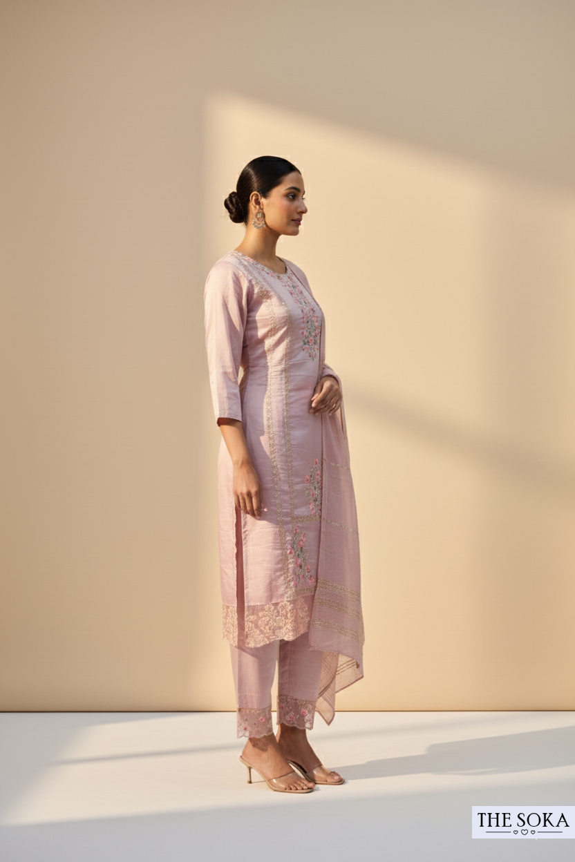 Soft Mauve Pink Ethereal Bloom Embroidered Kurta Set